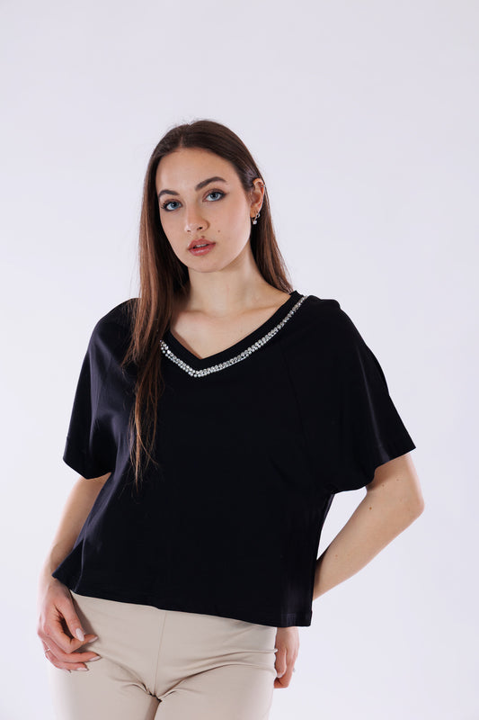 T-shirt scollo a V strass